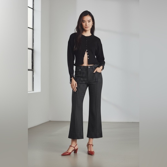 D e r e k  L a m - Navy Velvet & Cotton Striped Crop Flare Trousers Sz 2 - Picture 1 of 6